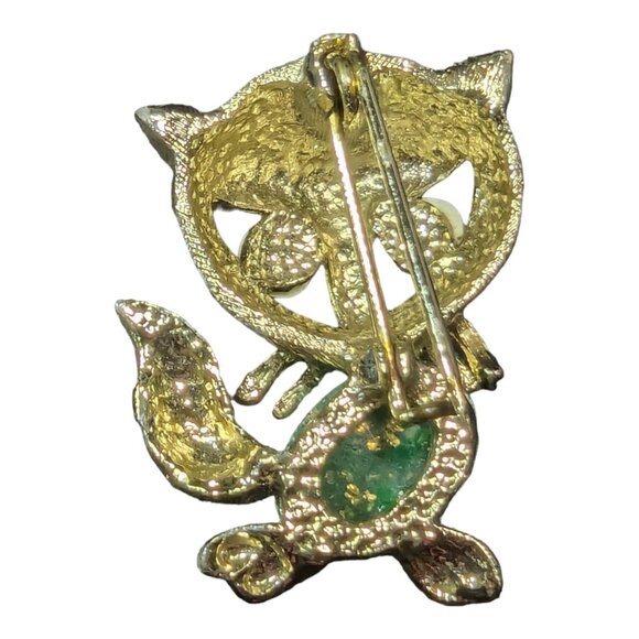 Vintage Cat brooch green stone - googly eyes - pin - gold tone 1.25 inches - Picture 2 of 6